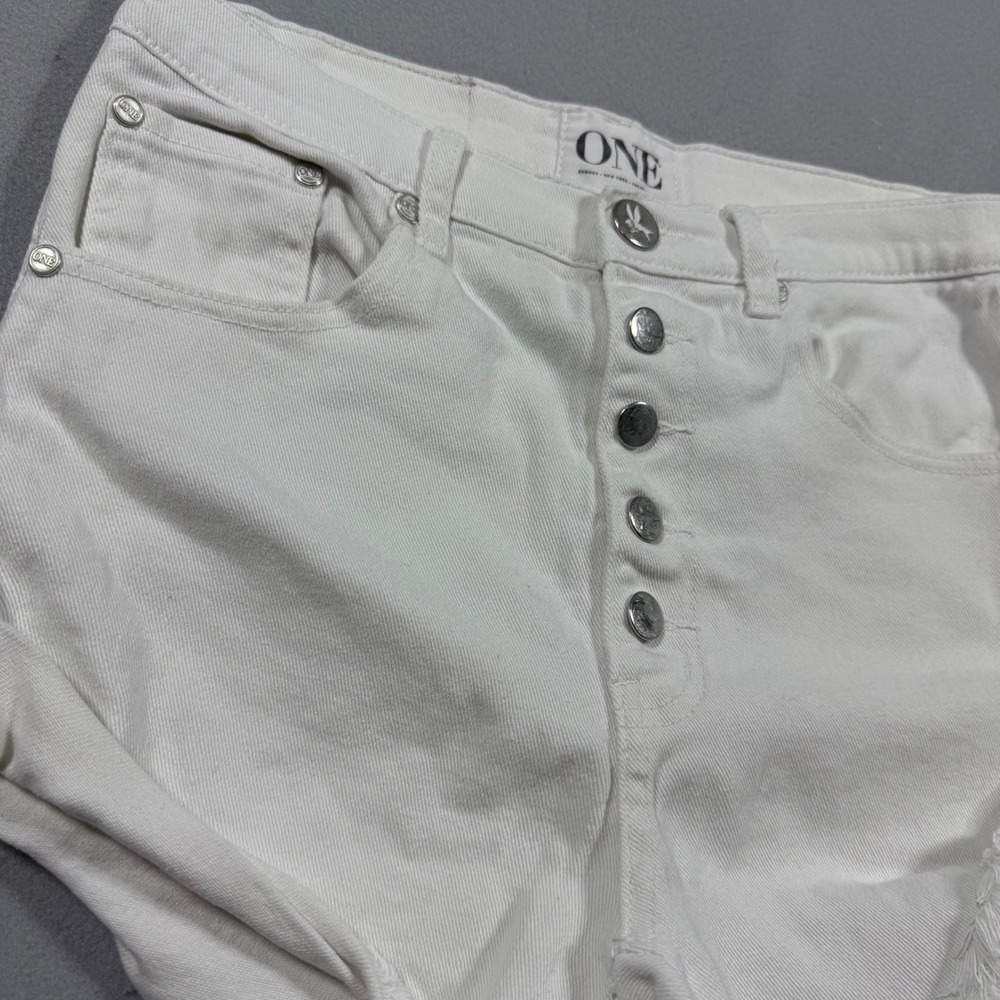 One Teaspoon White Denim High Waisted Button Fly Frayed Hem Shorts Womens